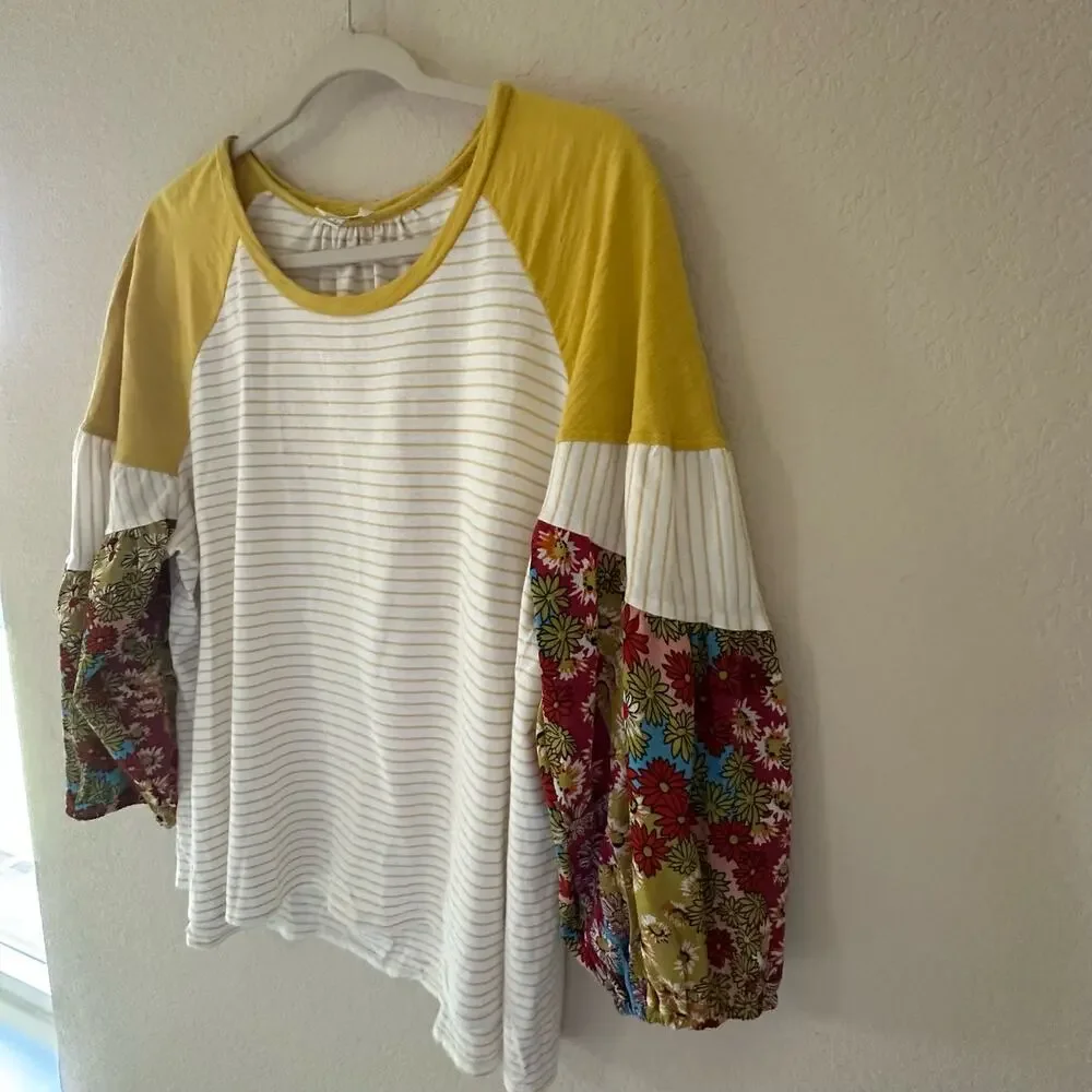 Umgee | Size L Yellow Striped Floral Sleeve Shirt Bubble Sleeve Boho Vintage